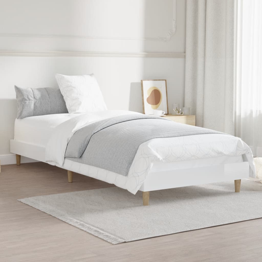 vidaXL gultas rāmis, spīdīgi balts, 75x190 cm, inženierijas koks