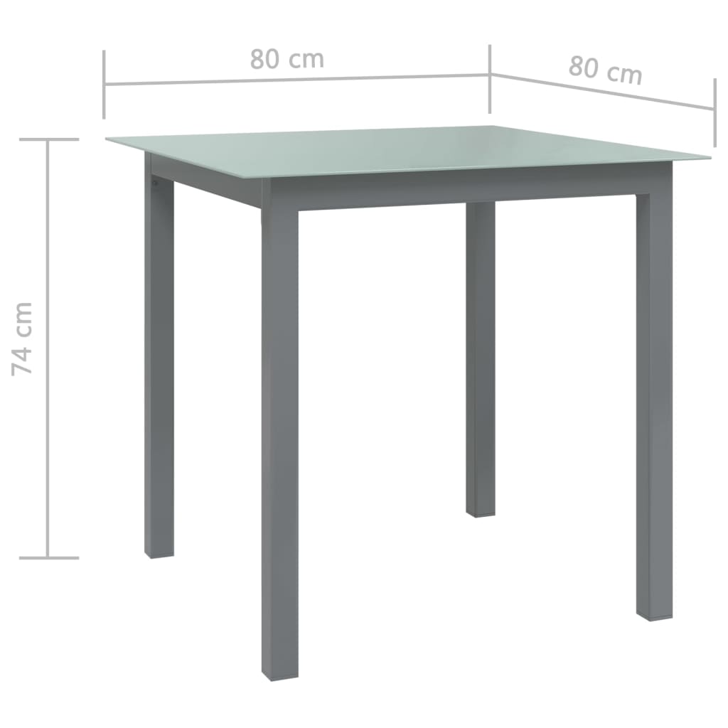 vidaXL dārza galds, gaiši pelēks, 80x80x74 cm, alumīnijs un stikls