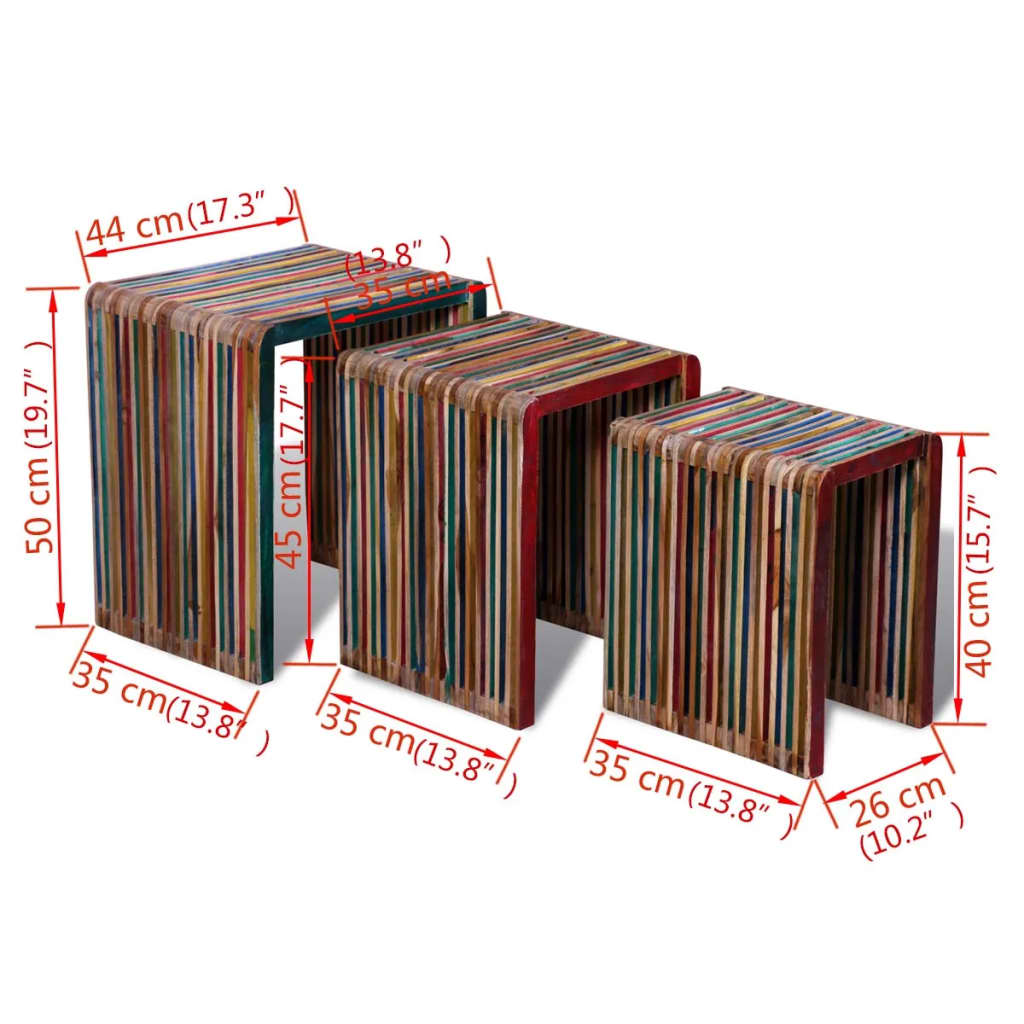 vidaXL kafijas galdiņi, 3 gb., sabīdāmi, pārstrādāts tīkkoks, krāsaini