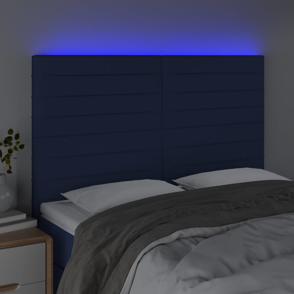 vidaXL gultas galvgalis ar LED, 144x5x118/128 cm, zils audums