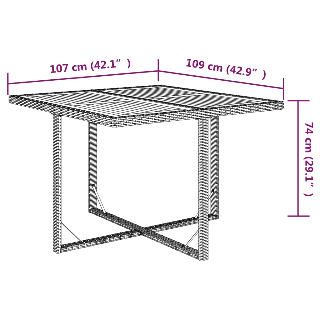 vidaXL dārza galds, bēšs, 109x107x74 cm, PE rotangpalma, akācijas koks