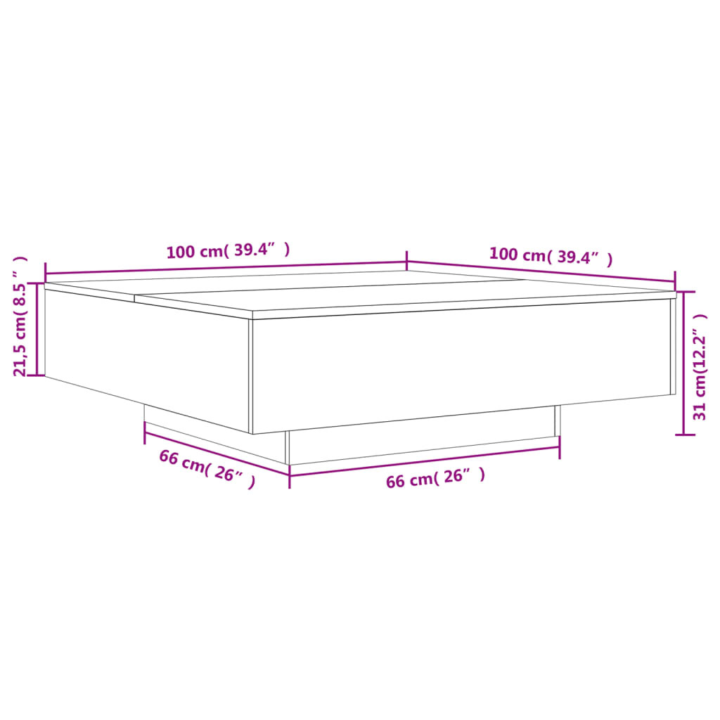 vidaXL kafijas galdiņš ar LED, pelēka ozolkoka krāsa, 100x100x31 cm