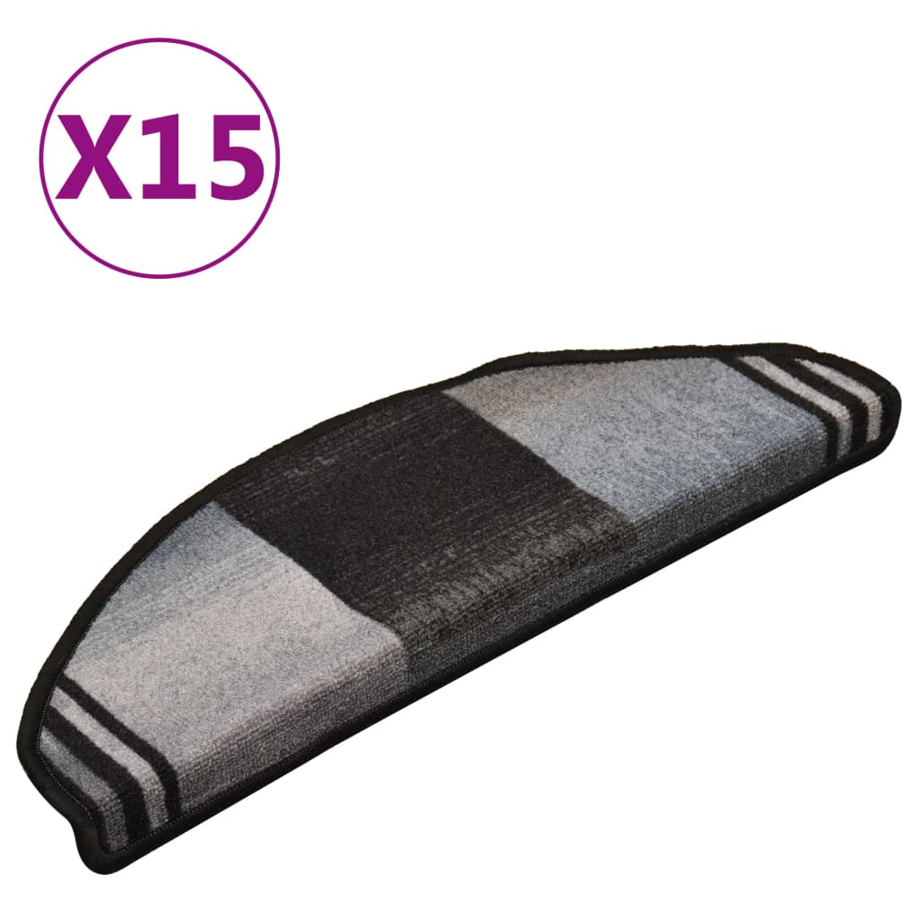 vidaXL kāpņu paklāji, 15 gab., pašlīmējoši, 65x21x4 cm, melni ar pelēku