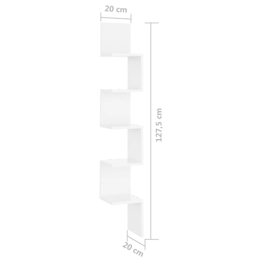 vidaXL sienas stūra plaukts, balts, 20x20x127,5 cm, skaidu plāksne