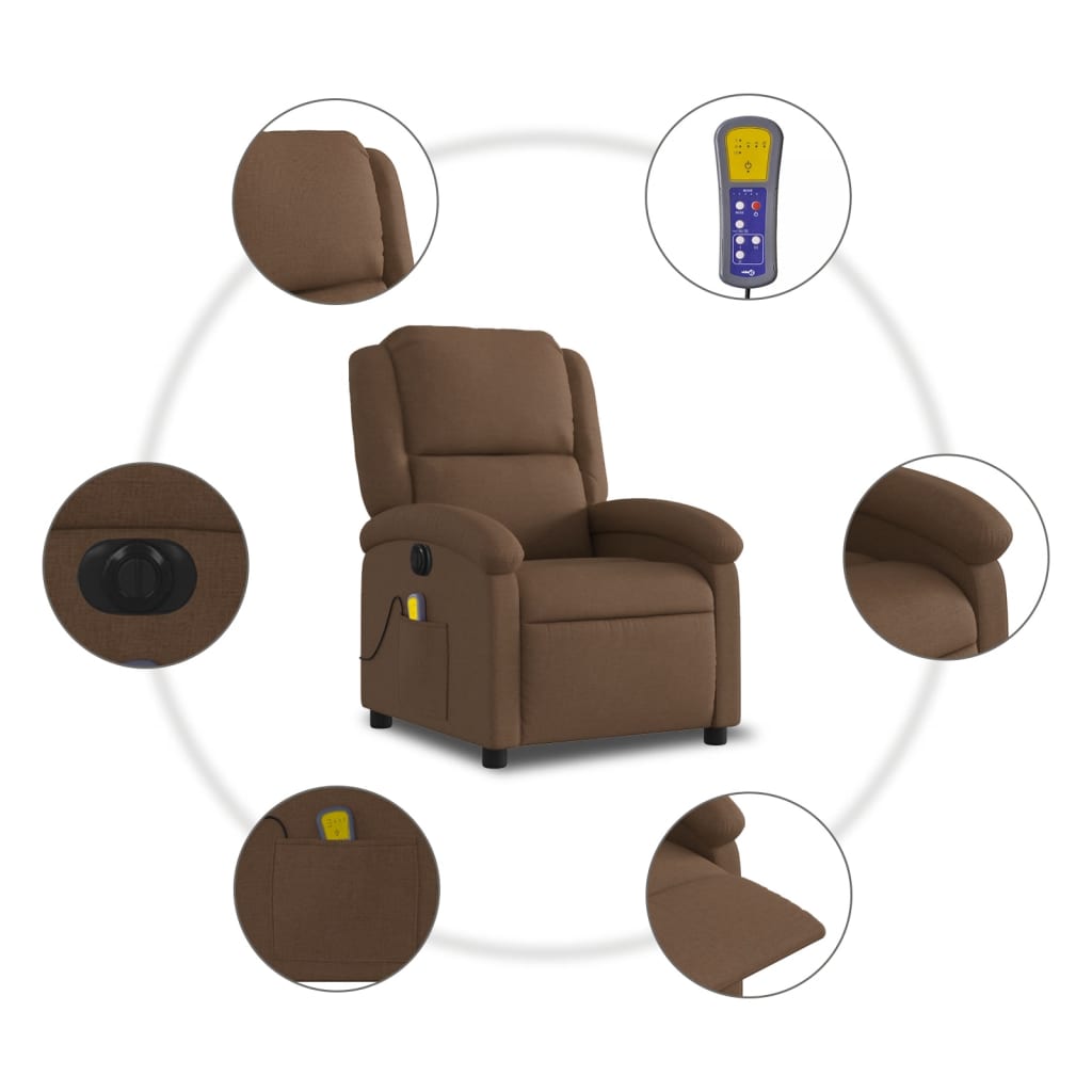 vidaXL elektrisks masāžas krēsls, atgāžams, brūns audums