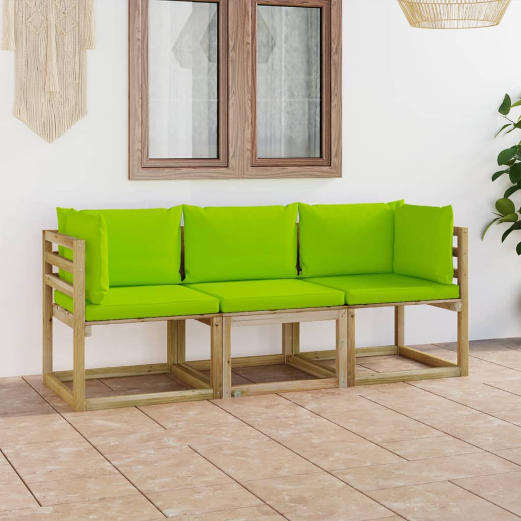 vidaXL 3-vietīgs dārza dīvāns ar spilgti zaļiem matračiem