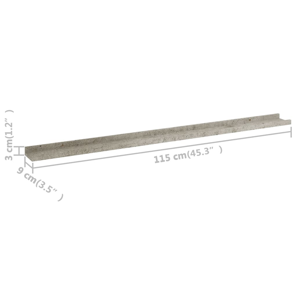vidaXL sienas plaukti, 2 gab., betona pelēki, 115x9x3 cm