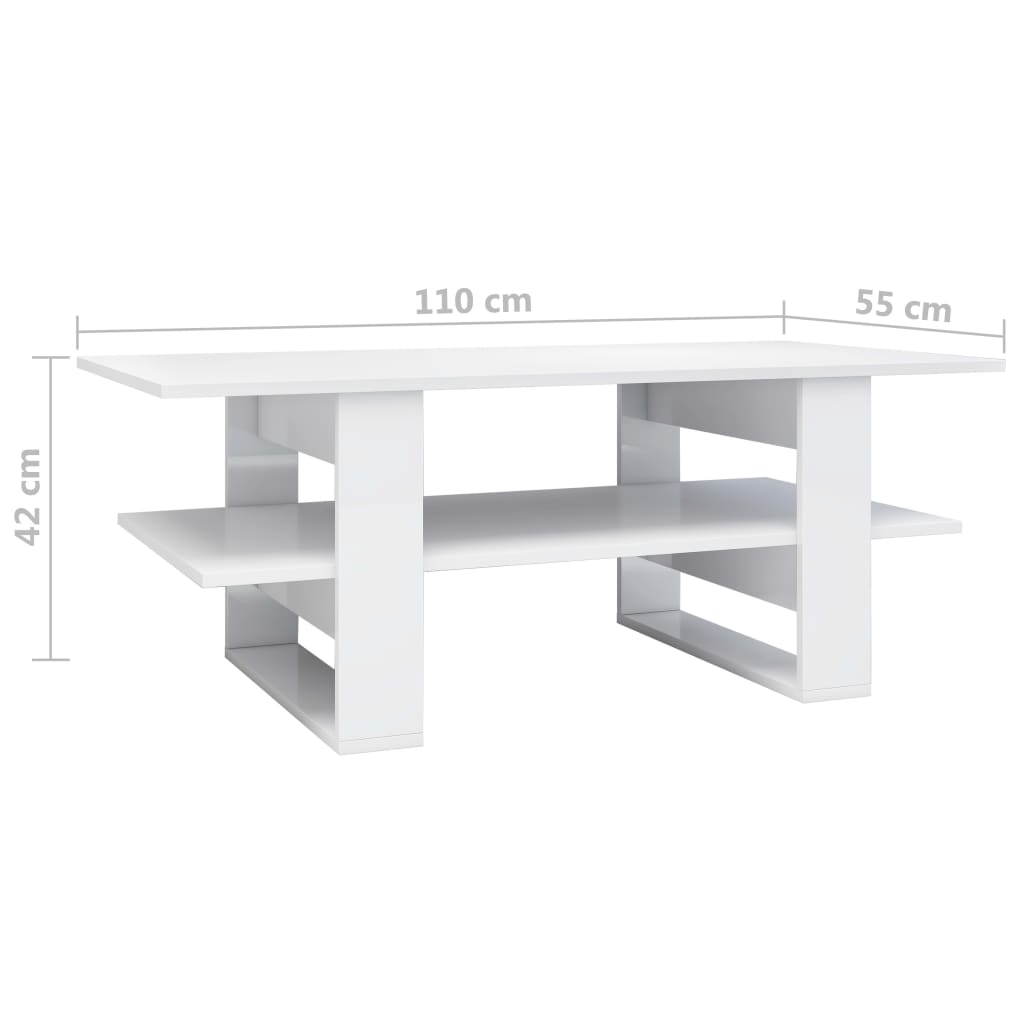 vidaXL kafijas galdiņš, 110x55x42 cm, spīdīgi balts, skaidu plāksne