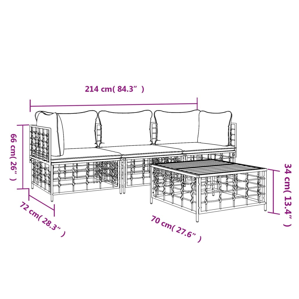 vidaXL 4-daļīgs dārza mēbeļu komplekts ar matračiem, PE rotangpalma