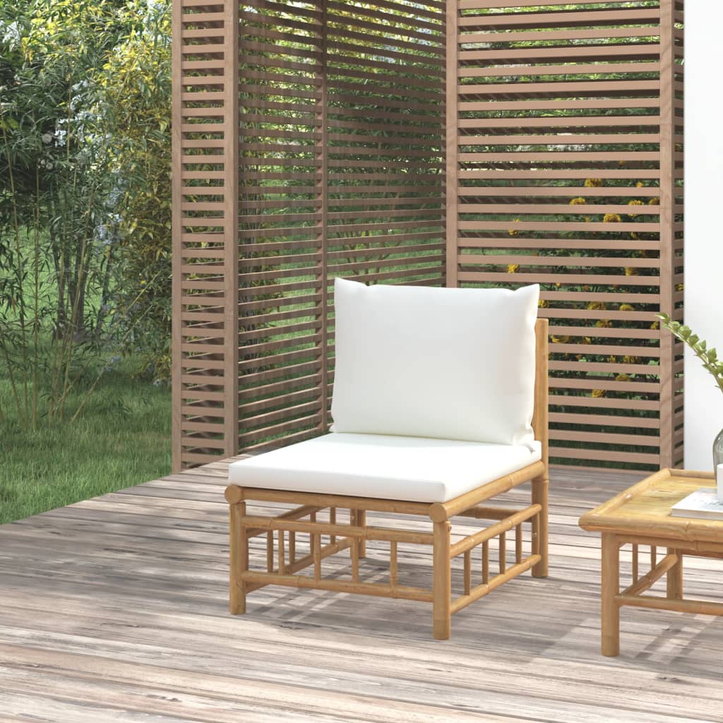 vidaXL dārza vidējais dīvāns ar krēmbaltiem matračiem, bambuss