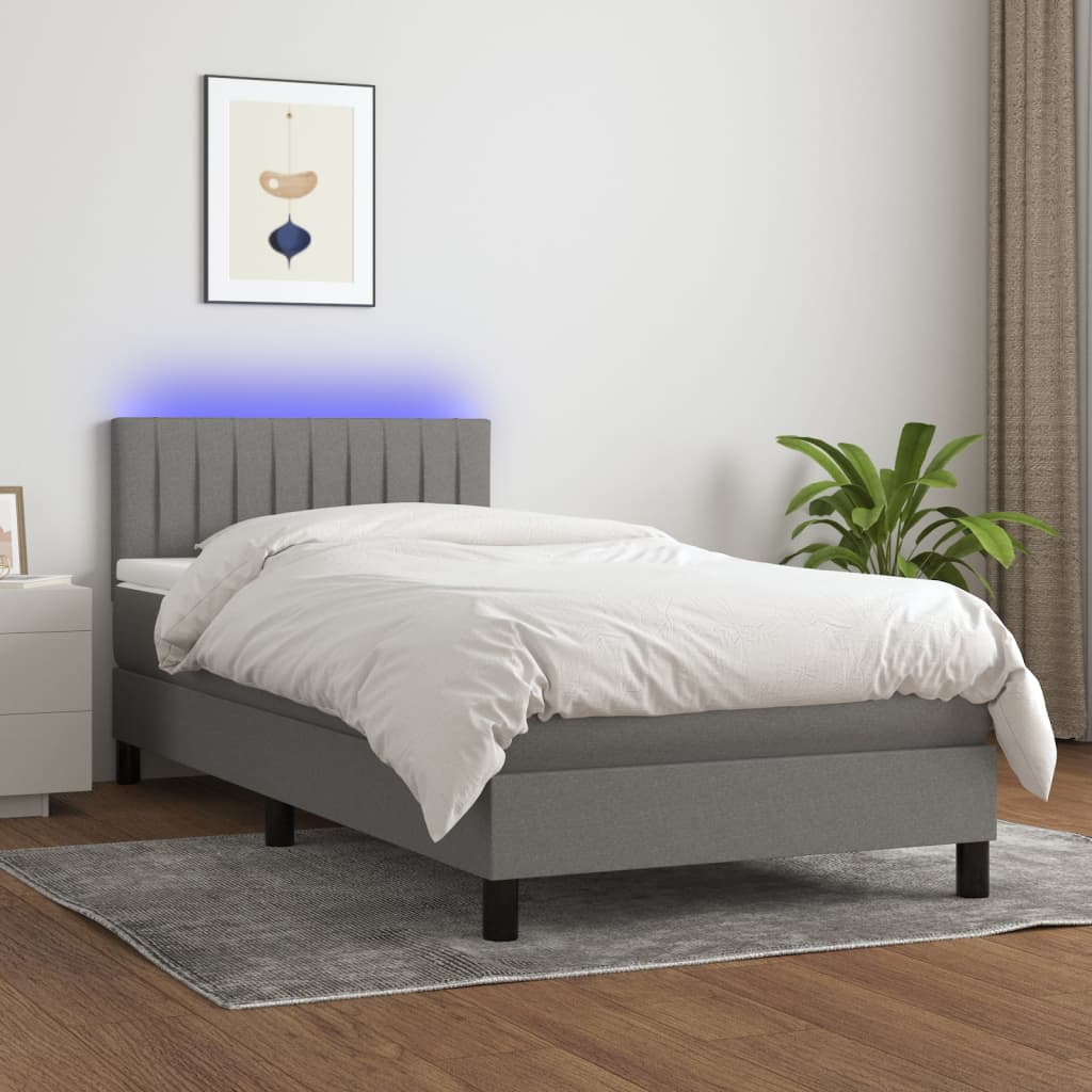 vidaXL atsperu gulta ar matraci, LED, tumši pelēks audums, 100x200 cm