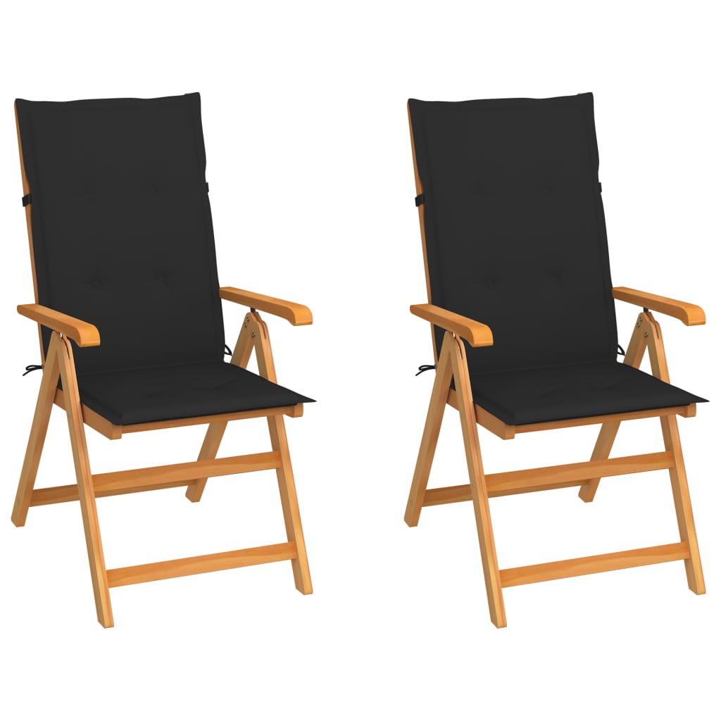 vidaXL dārza krēsli, 2 gab., melni matrači, masīvs tīkkoks