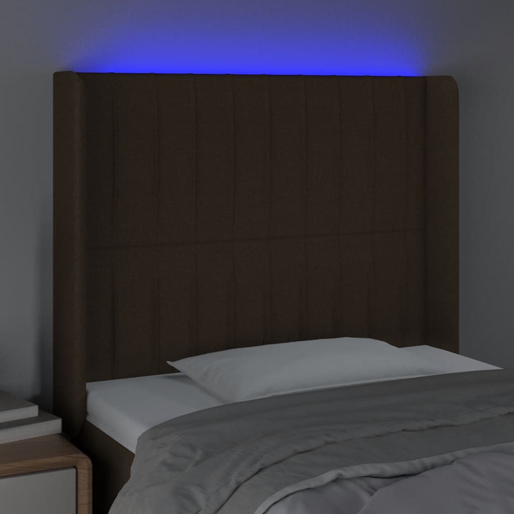 vidaXL gultas galvgalis ar LED, 103x16x118/128 cm, tumši brūns audums
