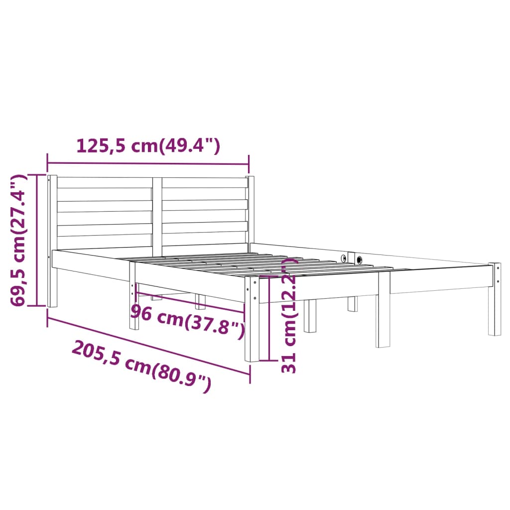 vidaXL gultas rāmis, priedes masīvkoks, 120x200 cm, balts