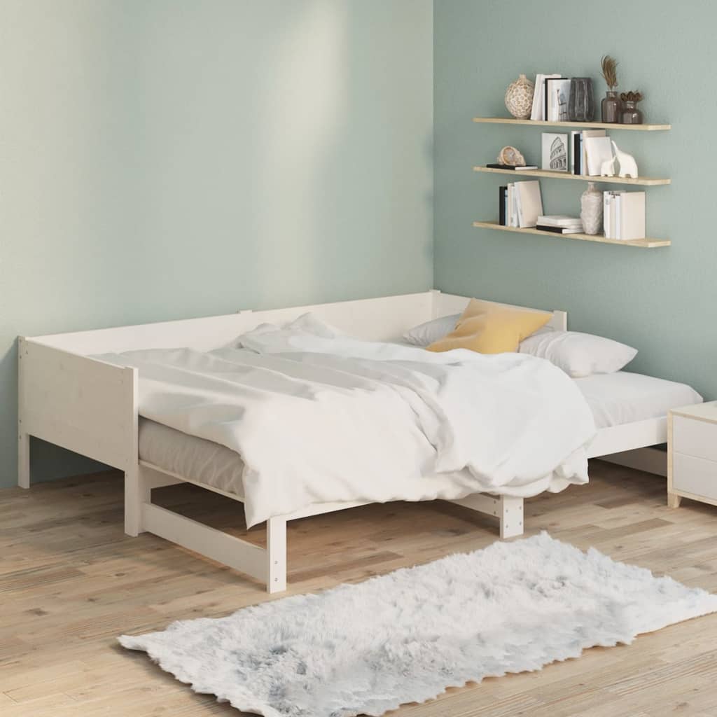 vidaXL izvelkama gulta, balta, priedes masīvkoks, 2x(90x200) cm