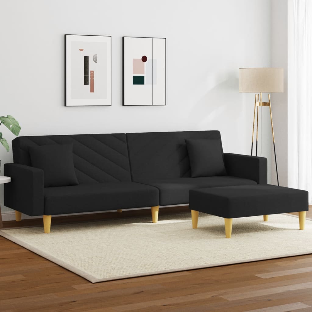 vidaXL 2-vietīga dīvāngulta ar spilveniem un kāju balstu, melns audums