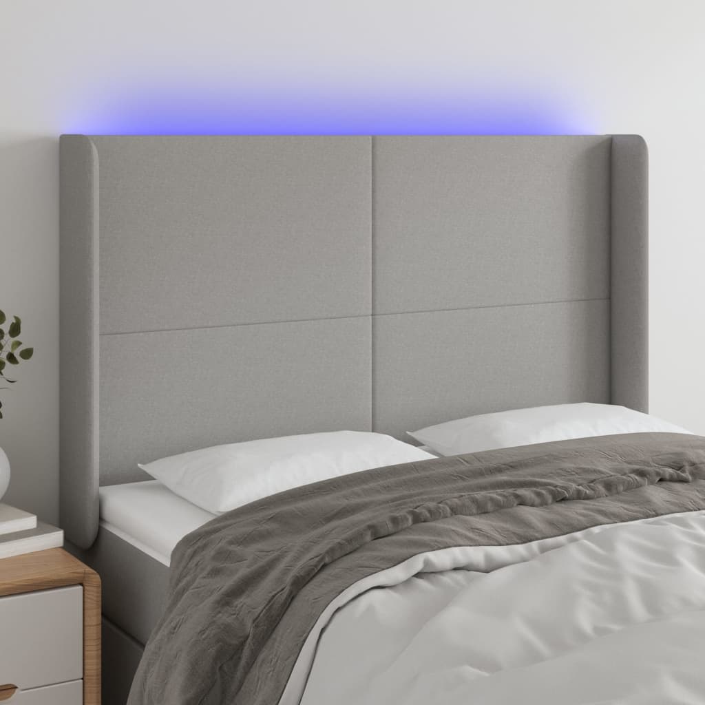 vidaXL gultas galvgalis ar LED, 147x16x118/128 cm, gaiši pelēks audums