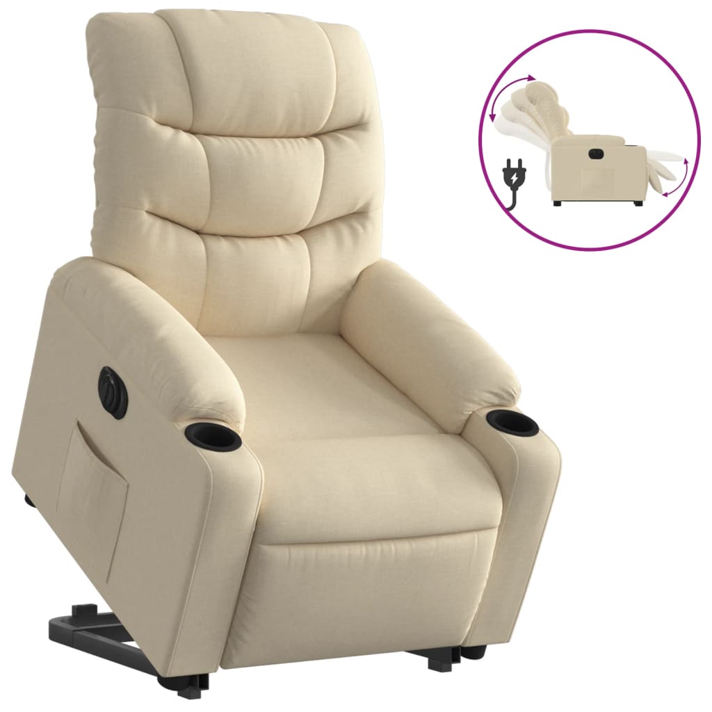 vidaXL elektrisks atpūtas krēsls, paceļams/atgāžams, krēmkrāsas audums