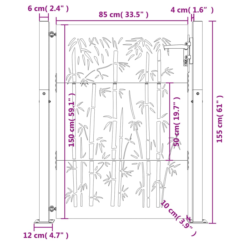 vidaXL dārza vārti, 105x155 cm, tērauds, rūsas efekts, bambusa dizains