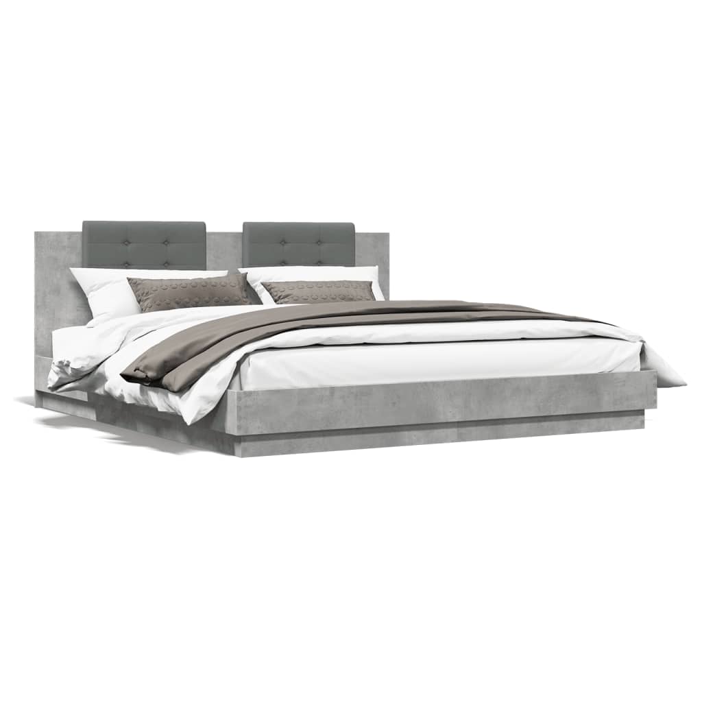 vidaXL gultas rāmis ar galvgali un LED, betona pelēks, 180x200 cm