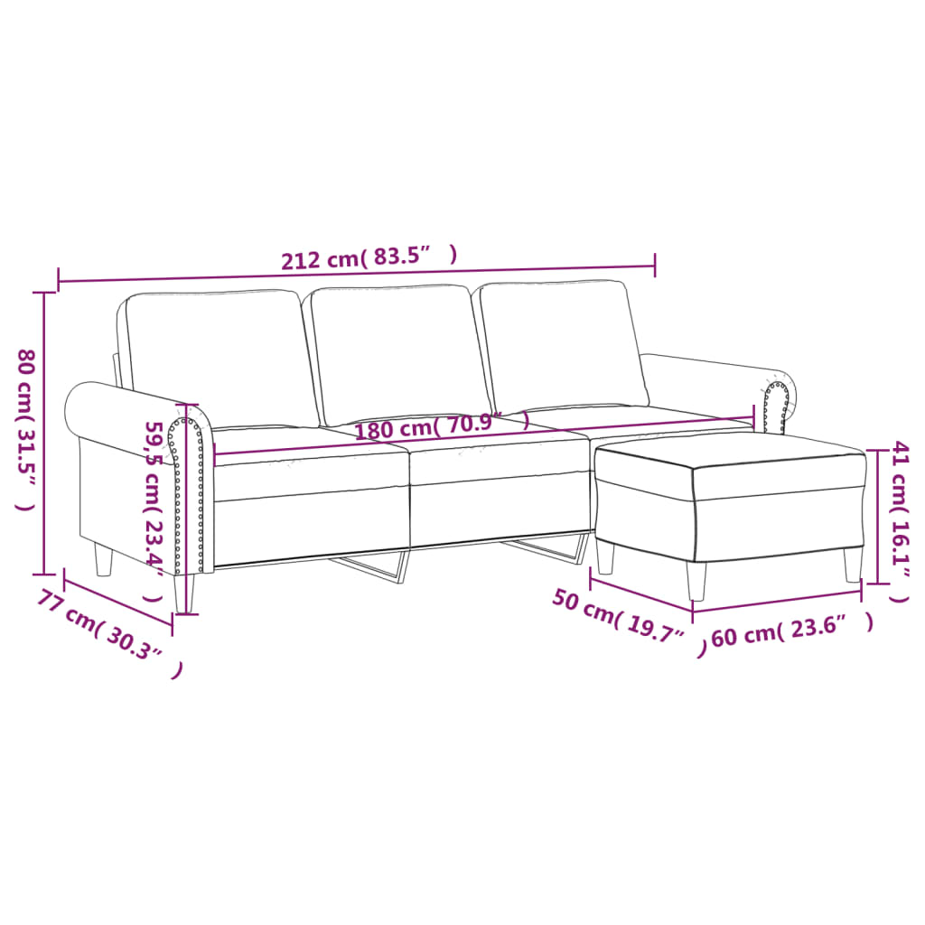 vidaXL trīsvietīgs dīvāns ar kājsoliņu, 180 cm, tumši pelēks samts