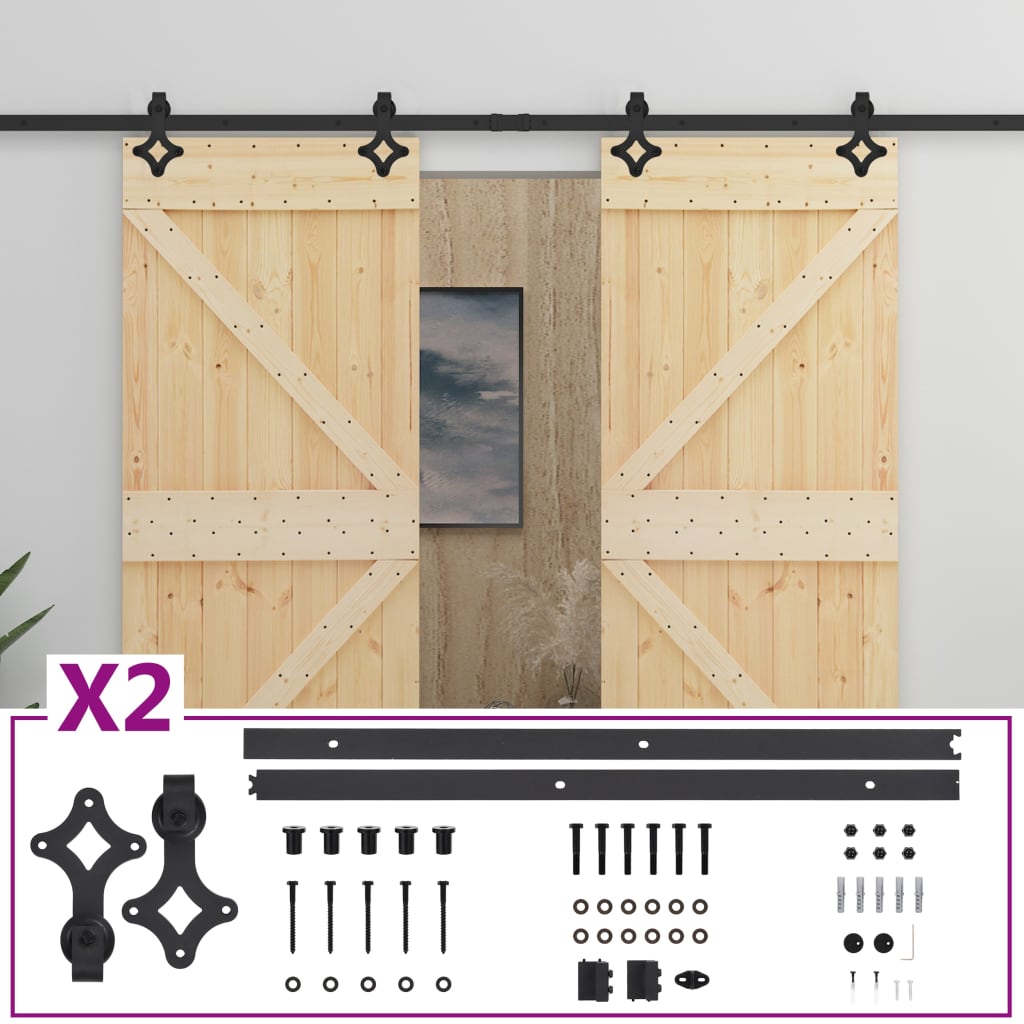 vidaXL bīdāmās durvis ar stiprinājumiem, 90x210 cm, priedes masīvkoks
