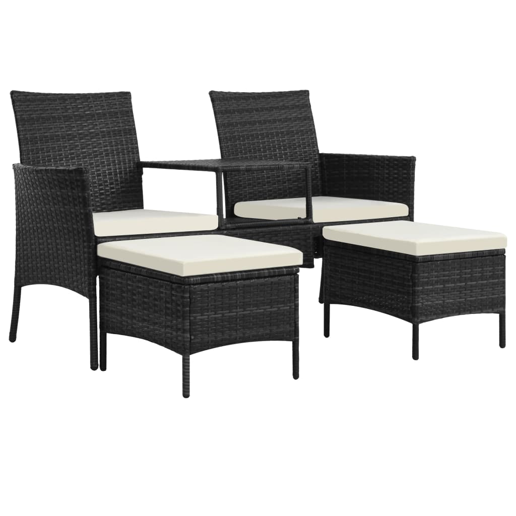 vidaXL divvietīgs dārza dīvāns ar galdiņu, taburetēm, PE pinums, melns