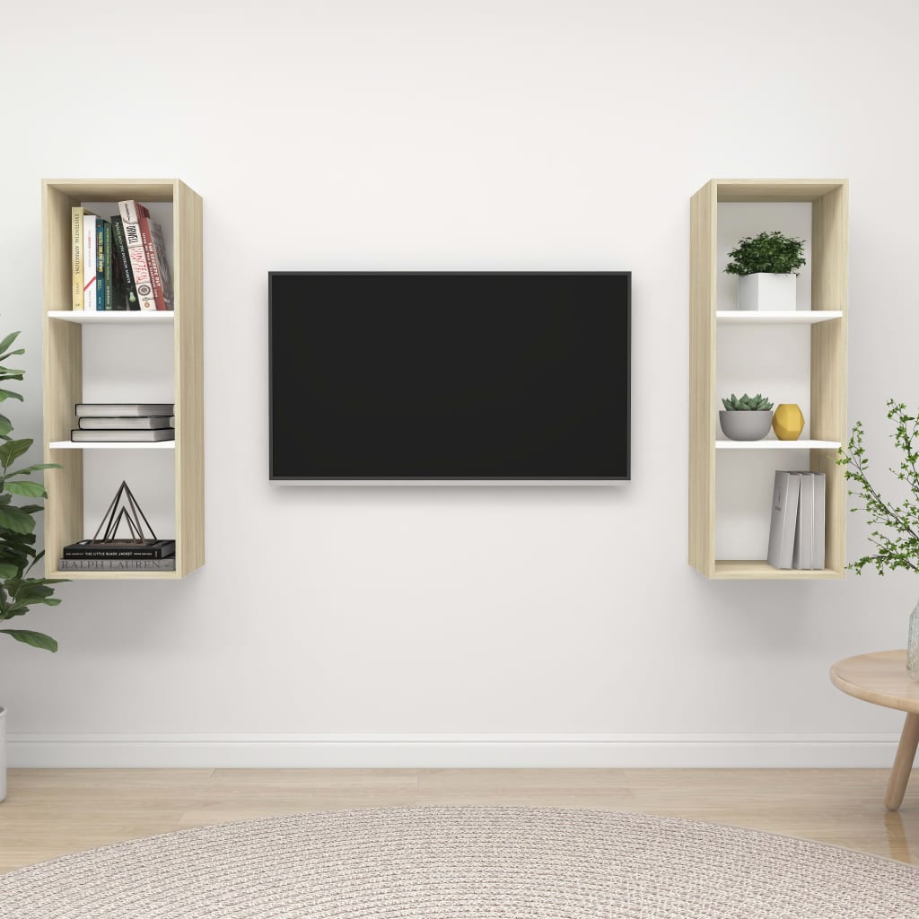 vidaXL sienas TV plaukti, 2 gab., balti, ozolkoka, skaidu plāksne