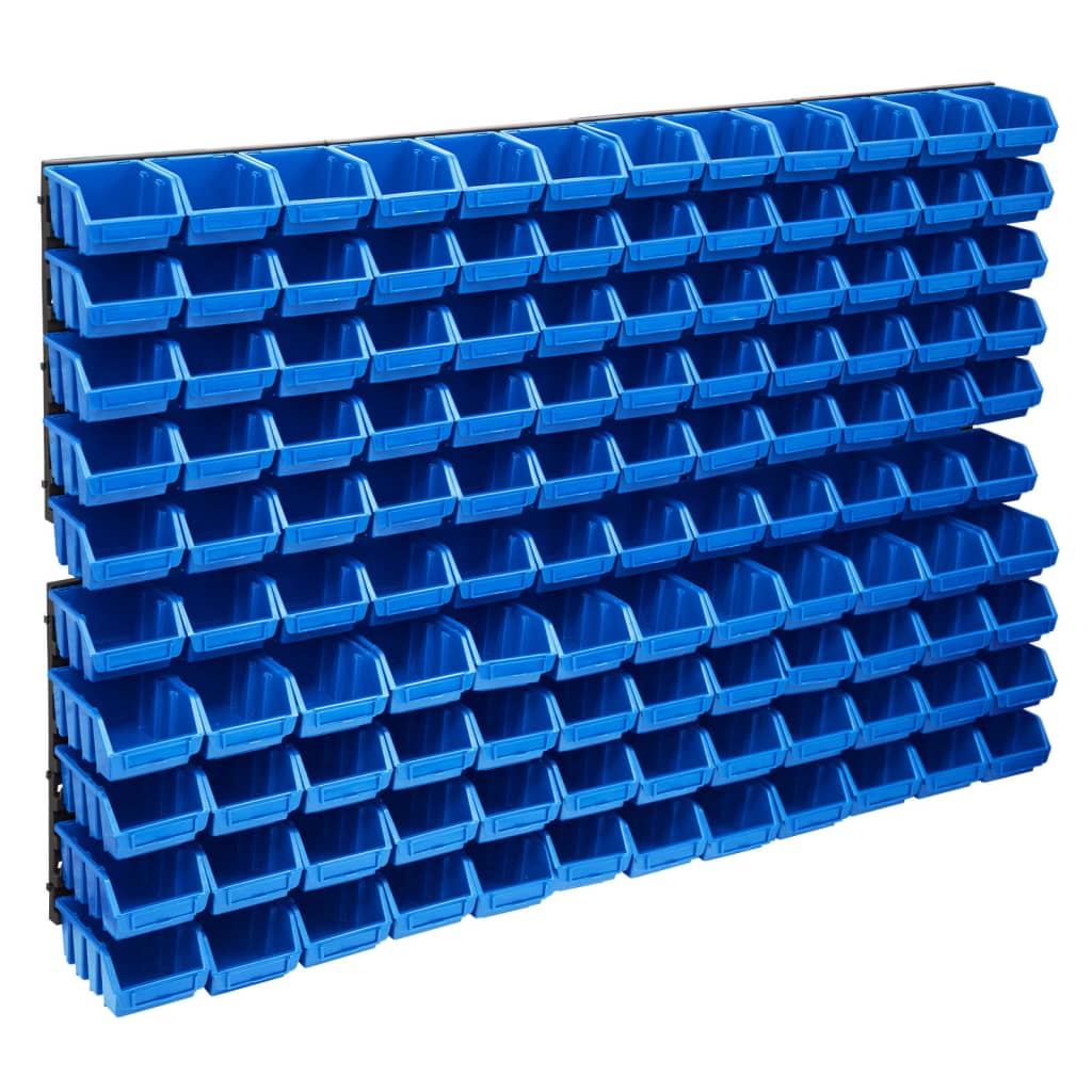 vidaXL 128-daļīgs sienas plaukts ar kastītēm un paneļiem, zils, melns