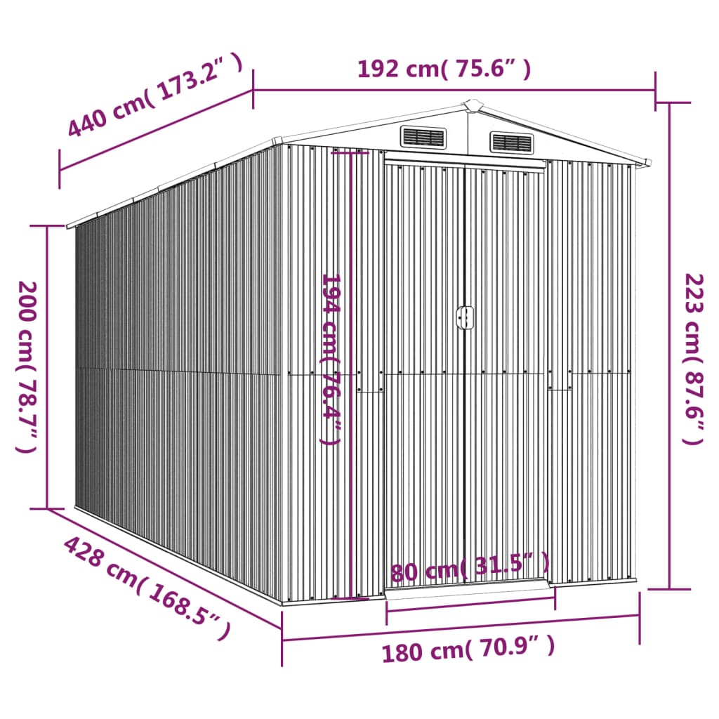 vidaXL dārza šķūnis, antracītpelēks, 192x440x223 cm, cinkots tērauds