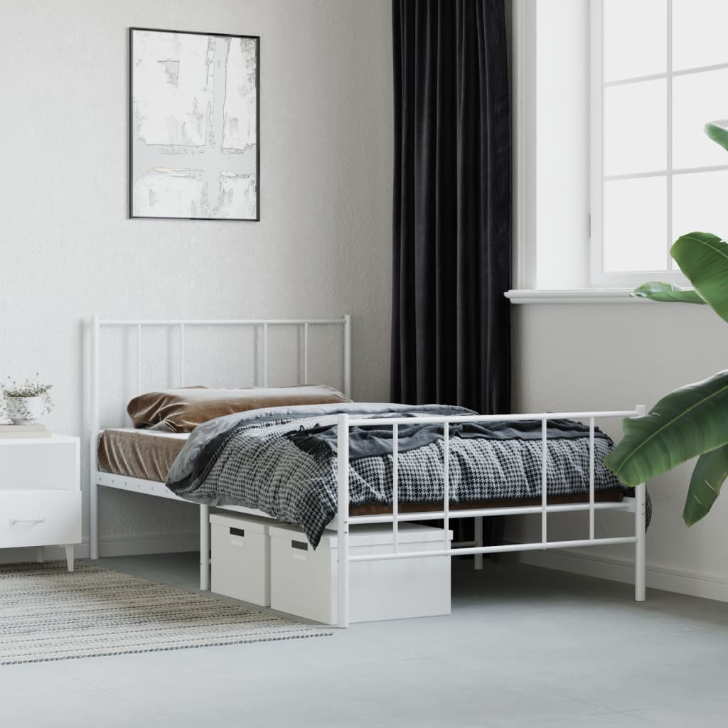 vidaXL gultas rāmis ar galvgali un kājgali, balts metāls, 100x190 cm