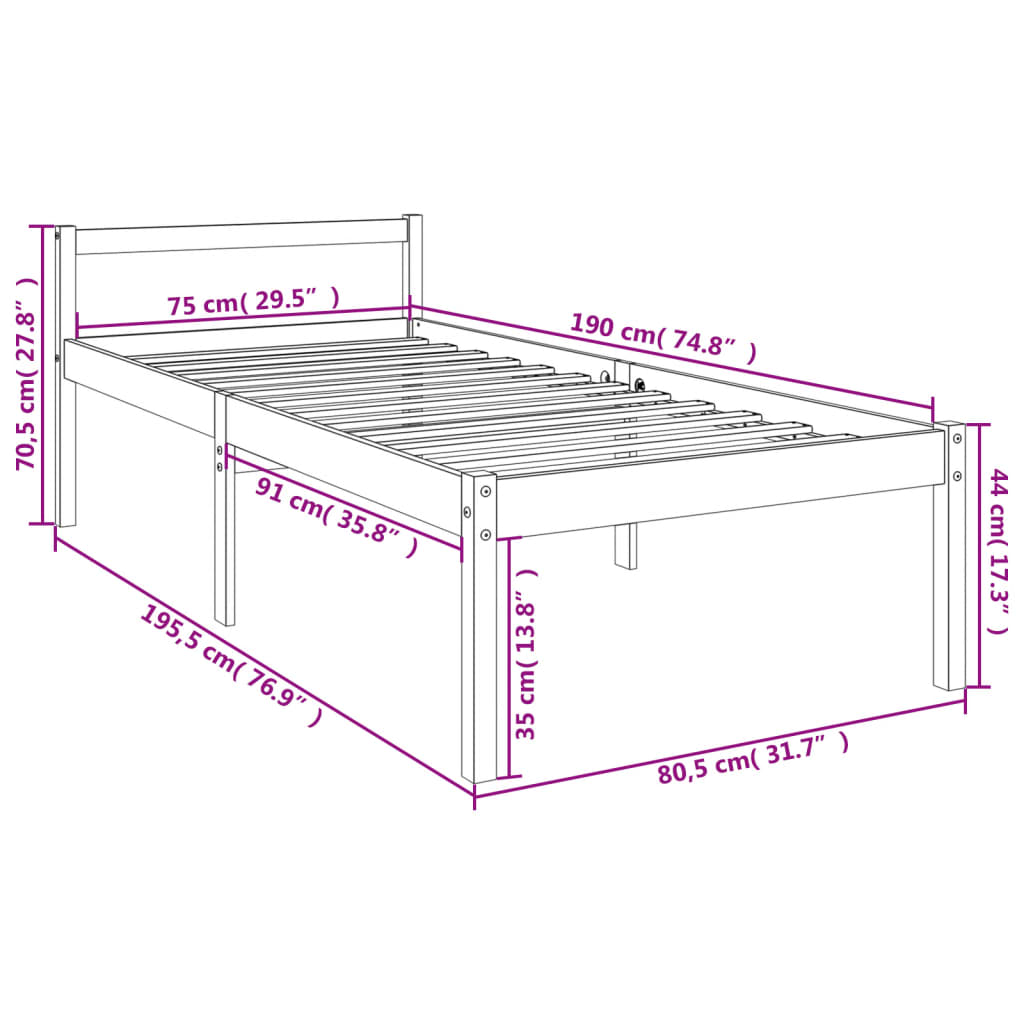 vidaXL senioru gultas rāmis, 75x190 cm, vienvietīgs, priedes masīvkoks