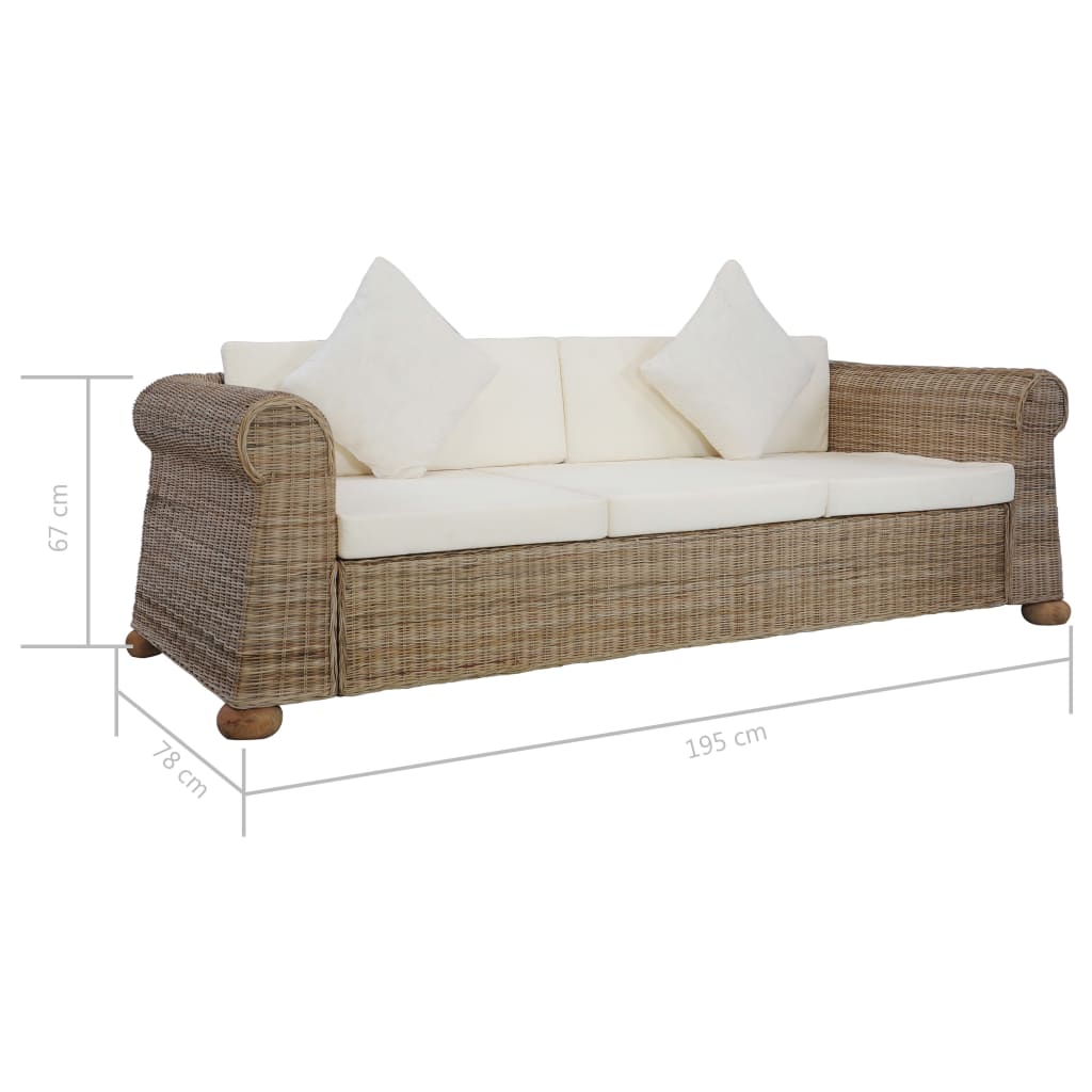 vidaXL trīsvietīgs dīvāns ar matračiem, dabīga rotangpalma