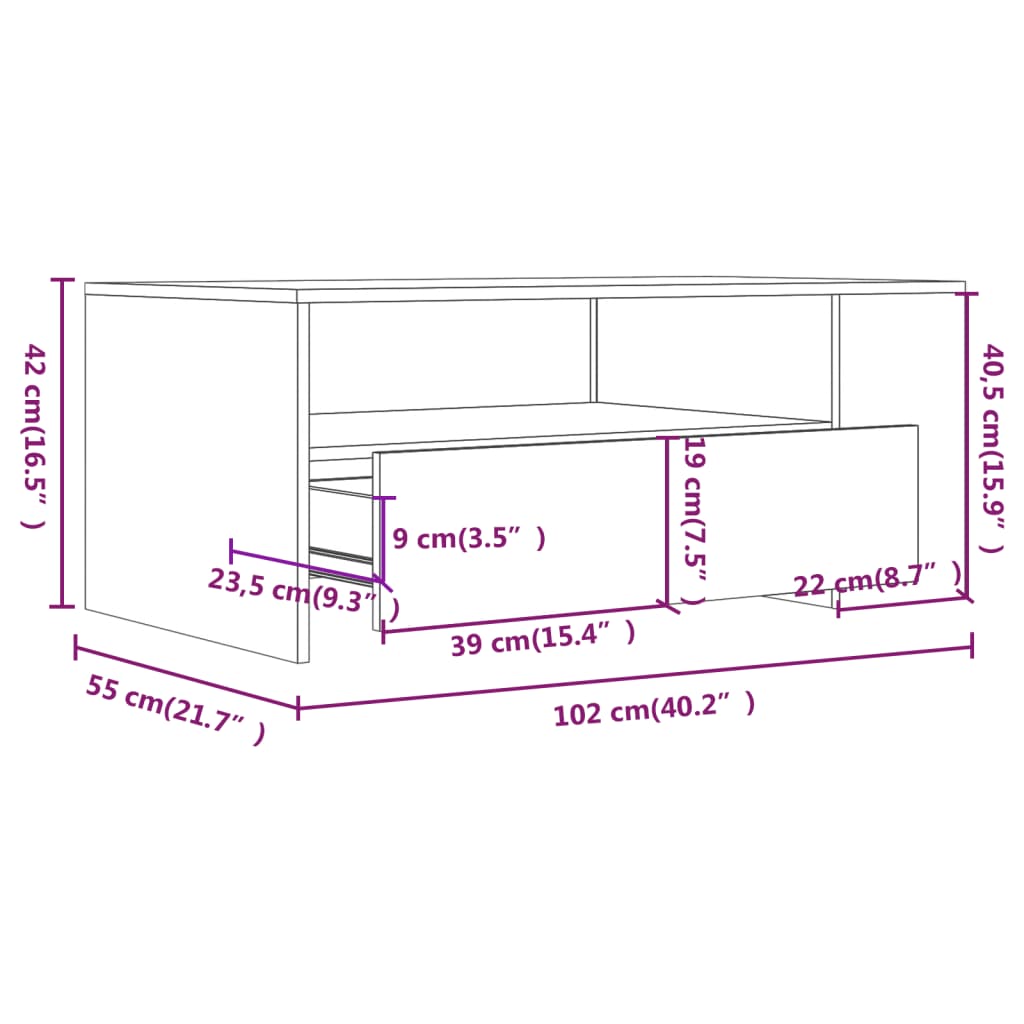 vidaXL kafijas galdiņš, balts, ozola, 102x55x42 cm, inženierijas koks