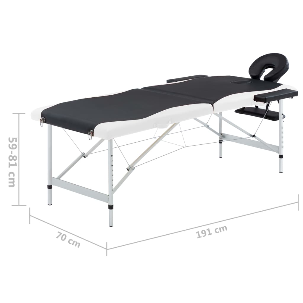 vidaXL saliekams masāžas galds, 2 daļas, alumīnijs, melns ar baltu