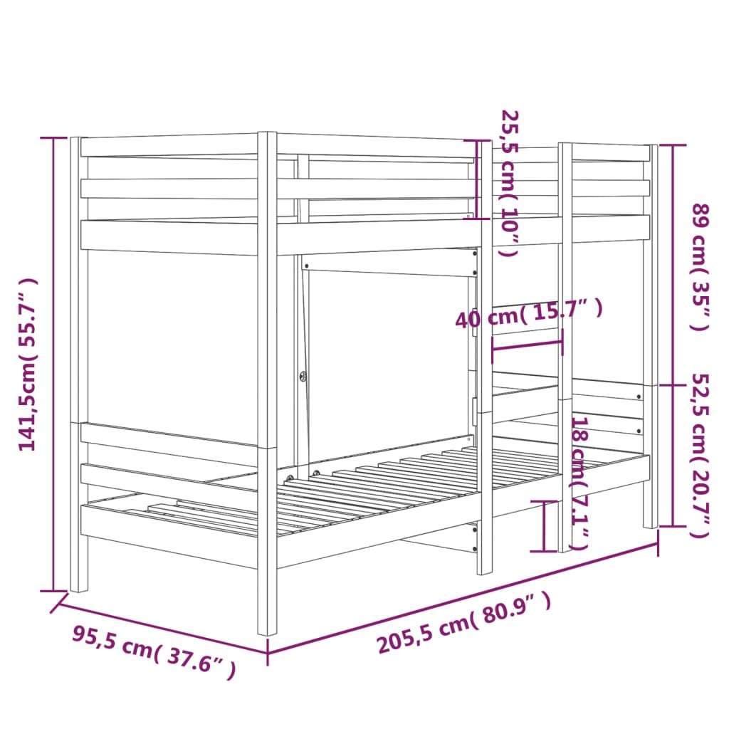 vidaXL divstāvu gulta, 90x200 cm, priedes masīvkoks