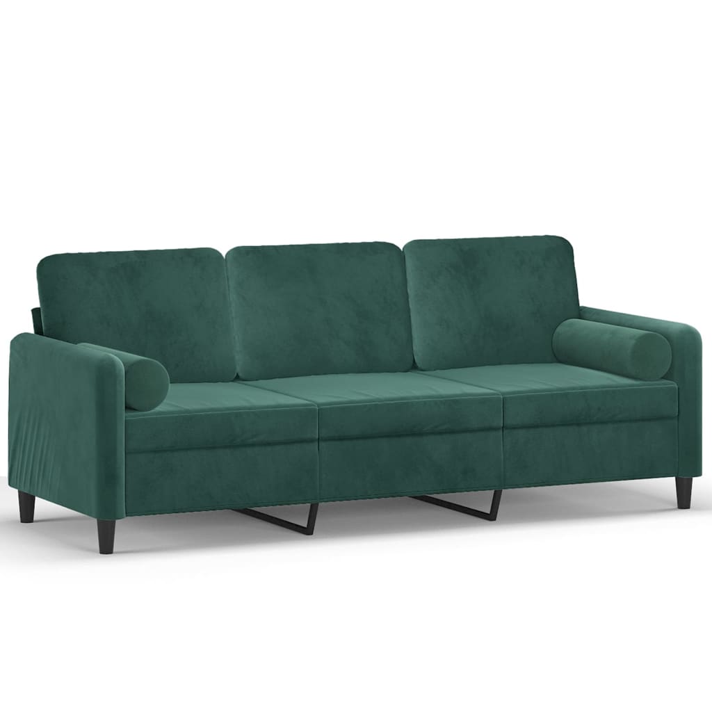 vidaXL trīsvietīgs dīvāns ar spilveniem, tumši zaļš, 180 cm, samts