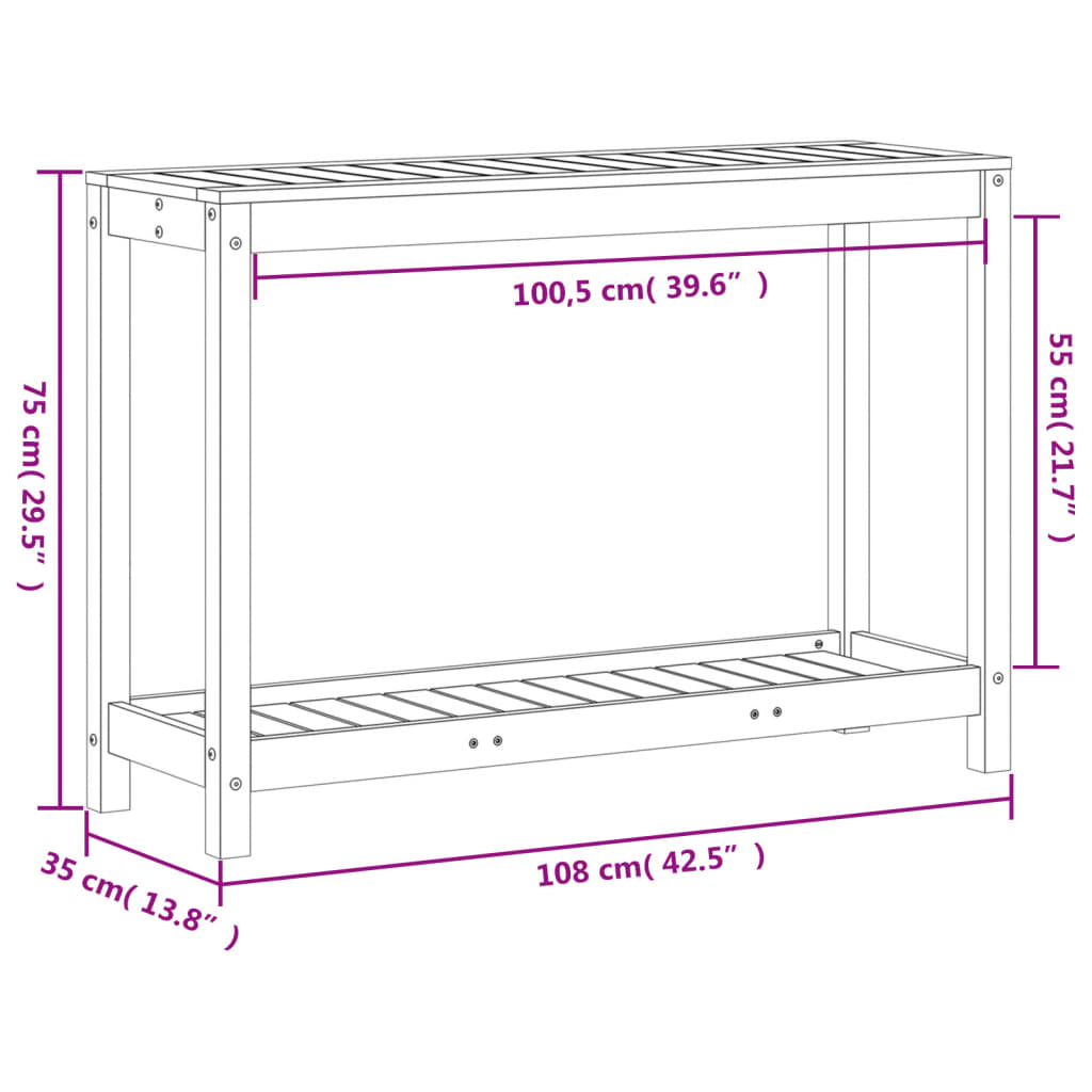 vidaXL stādīšanas galds ar plauktu, 108x35x75 cm, priedes masīvkoks