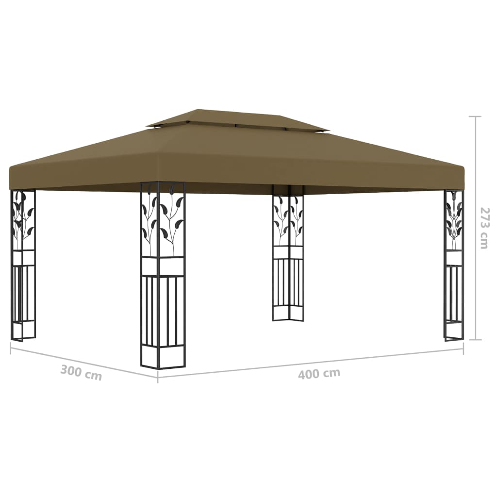 vidaXL dārza nojume ar dubulto jumtu un LED lampiņām, 3x4m, pelēkbrūna