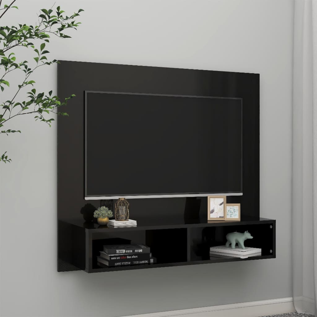vidaXL sienas TV plaukts, spīdīgi melns, 102x23,5x90 cm, skaidu plātne