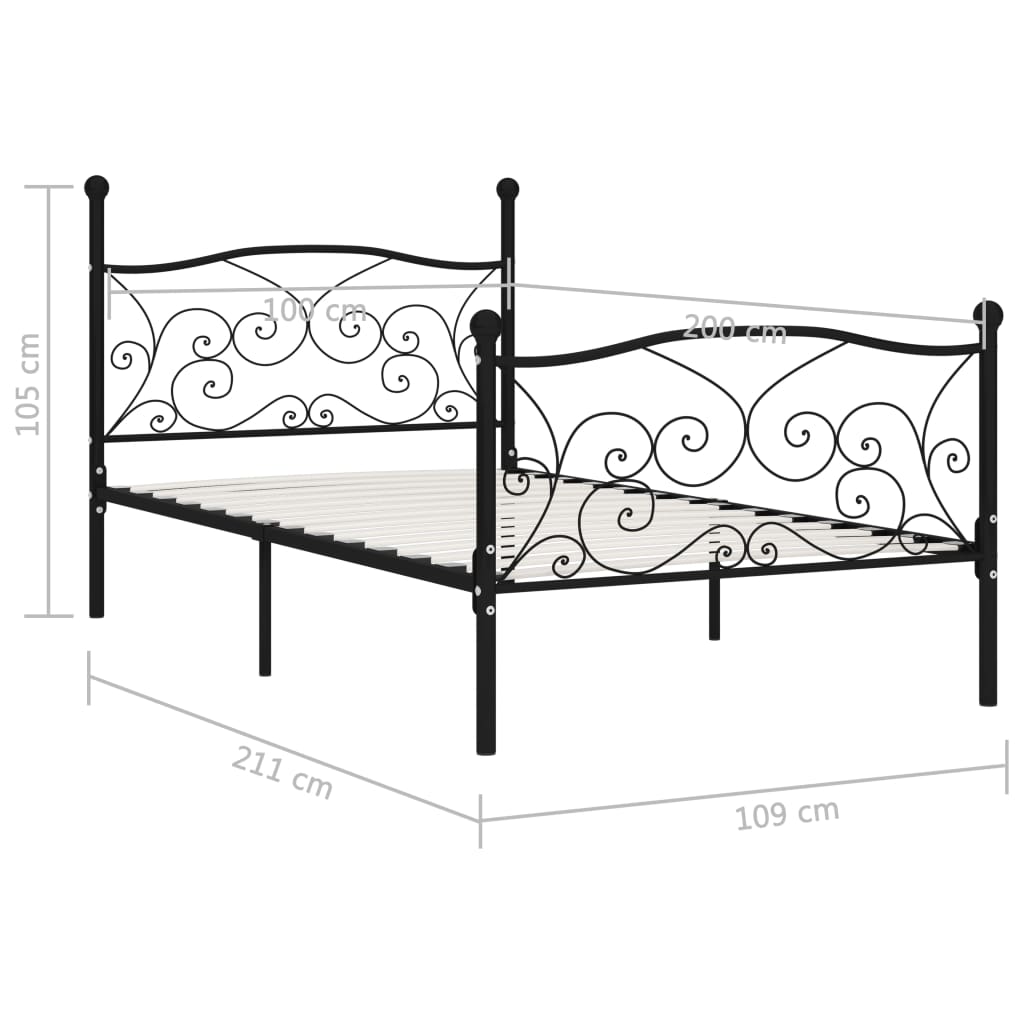vidaXL gultas rāmis ar redeļu pamatni, melns, 100x200 cm, metāls