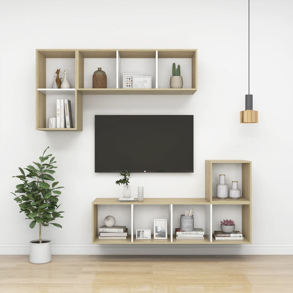 vidaXL sienas TV skapītis, balts, ozola, 37x37x107 cm, skaidu plāksne