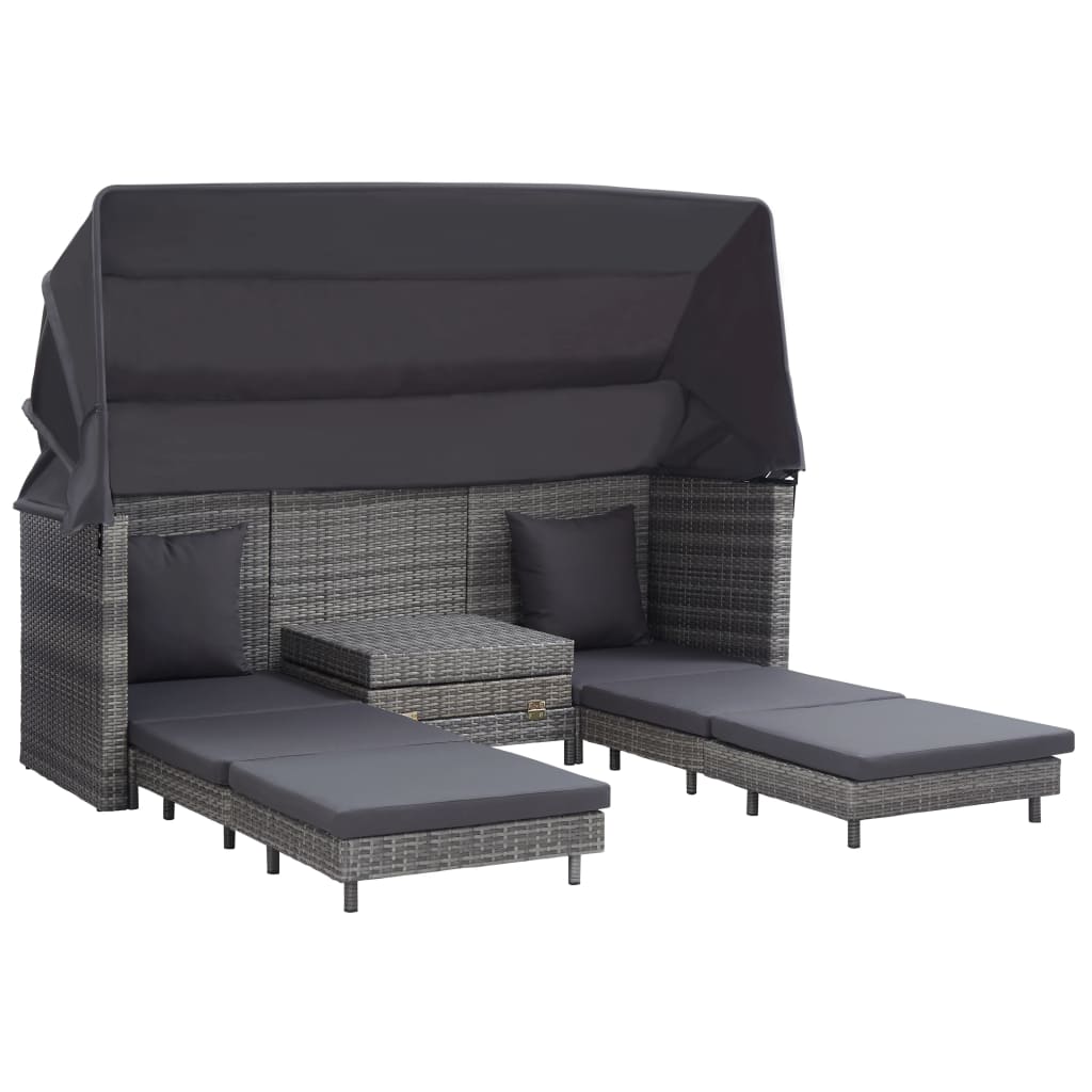 vidaXL izvelkams dīvāns ar jumtu, trīsvietīgs, pelēka PE rotangpalma