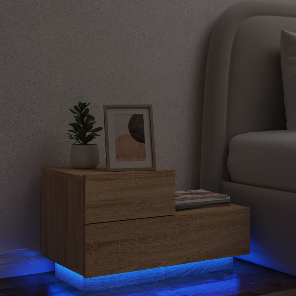 vidaXL naktsskapītis ar LED lampiņām, ozolkoka krāsa, 70x36x40,5 cm