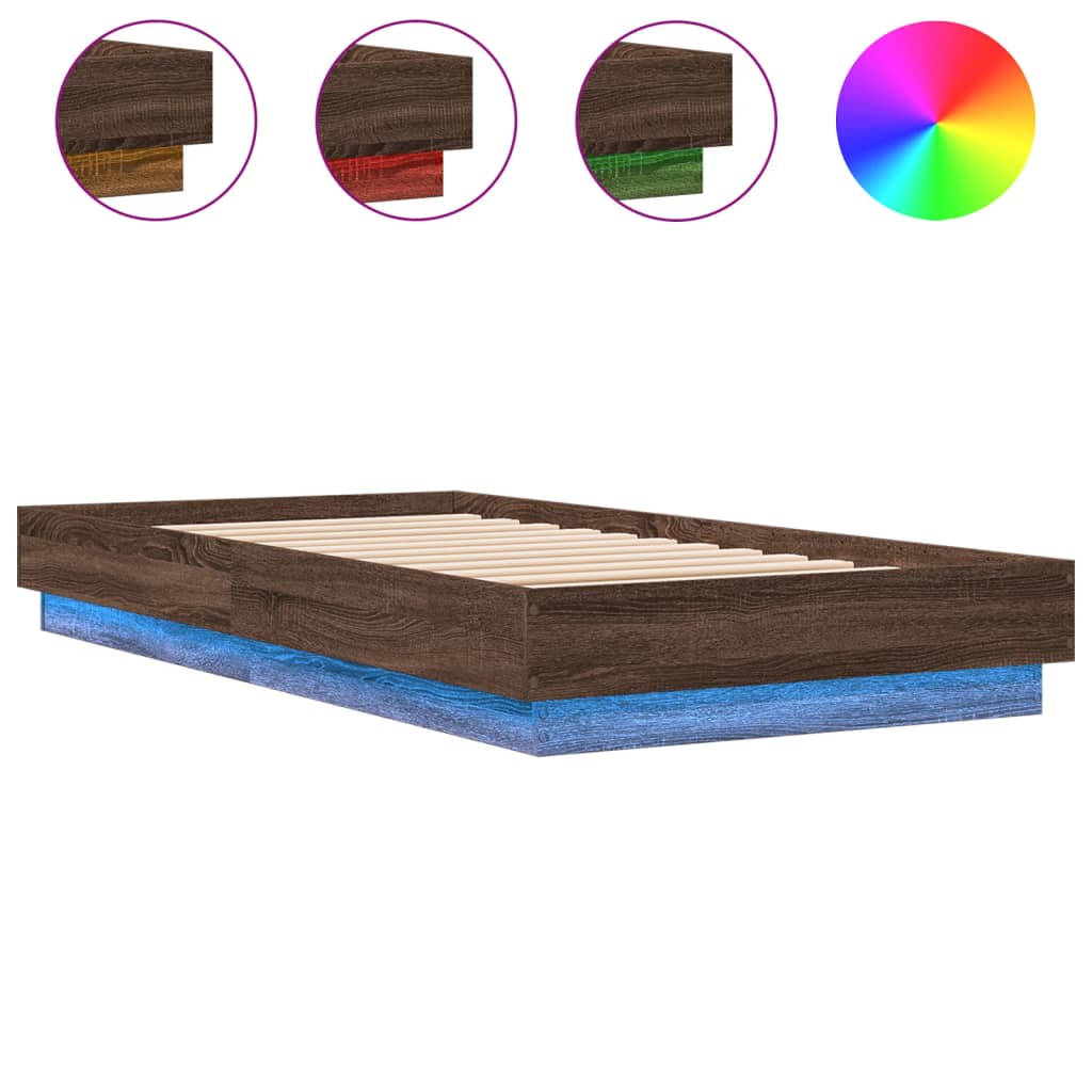 vidaXL gultas rāmis ar LED, brūna koka krāsa, 75x190 cm