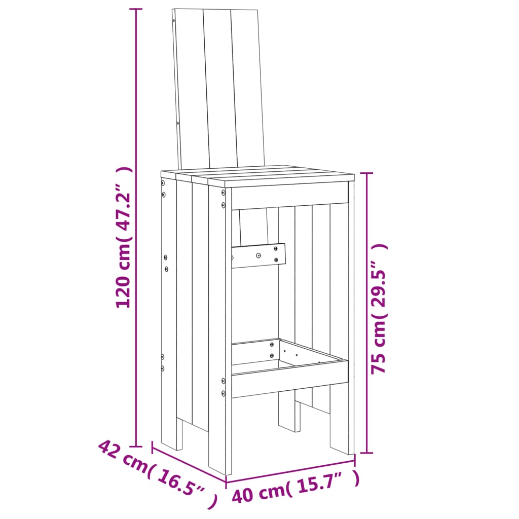 vidaXL bāra krēsli, 2 gab., 40x42x120 cm, priedes masīvkoks, balti
