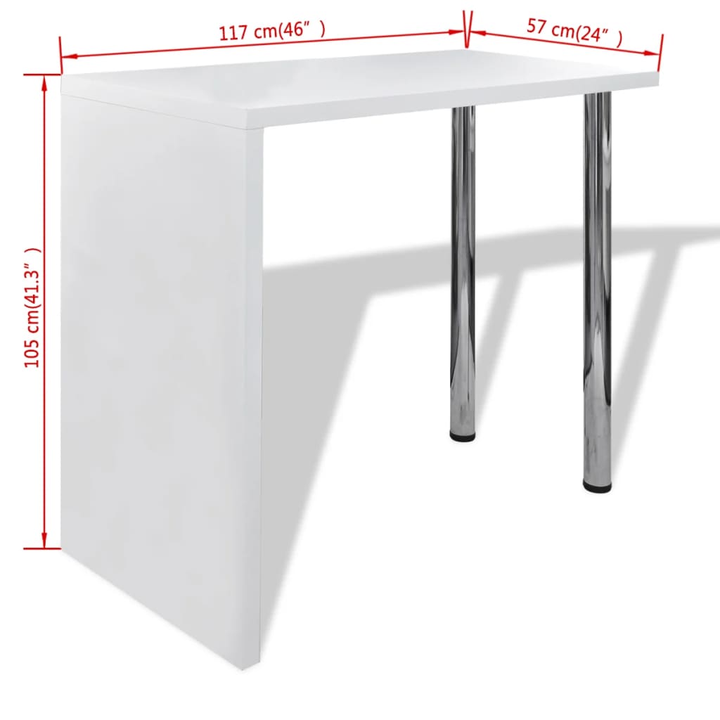 vidaXL bāra galds ar 2 tērauda kājām, spīdīgs, balts MDF