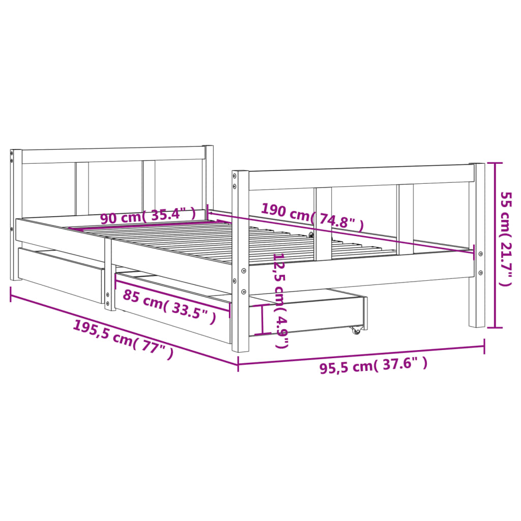 vidaXL bērnu gultas rāmis ar atvilktnēm, 90x190 cm, priedes masīvkoks