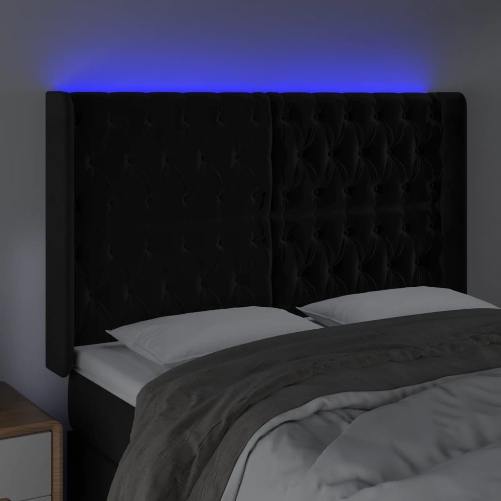 vidaXL gultas galvgalis ar LED, 163x16x118/128 cm, melns samts