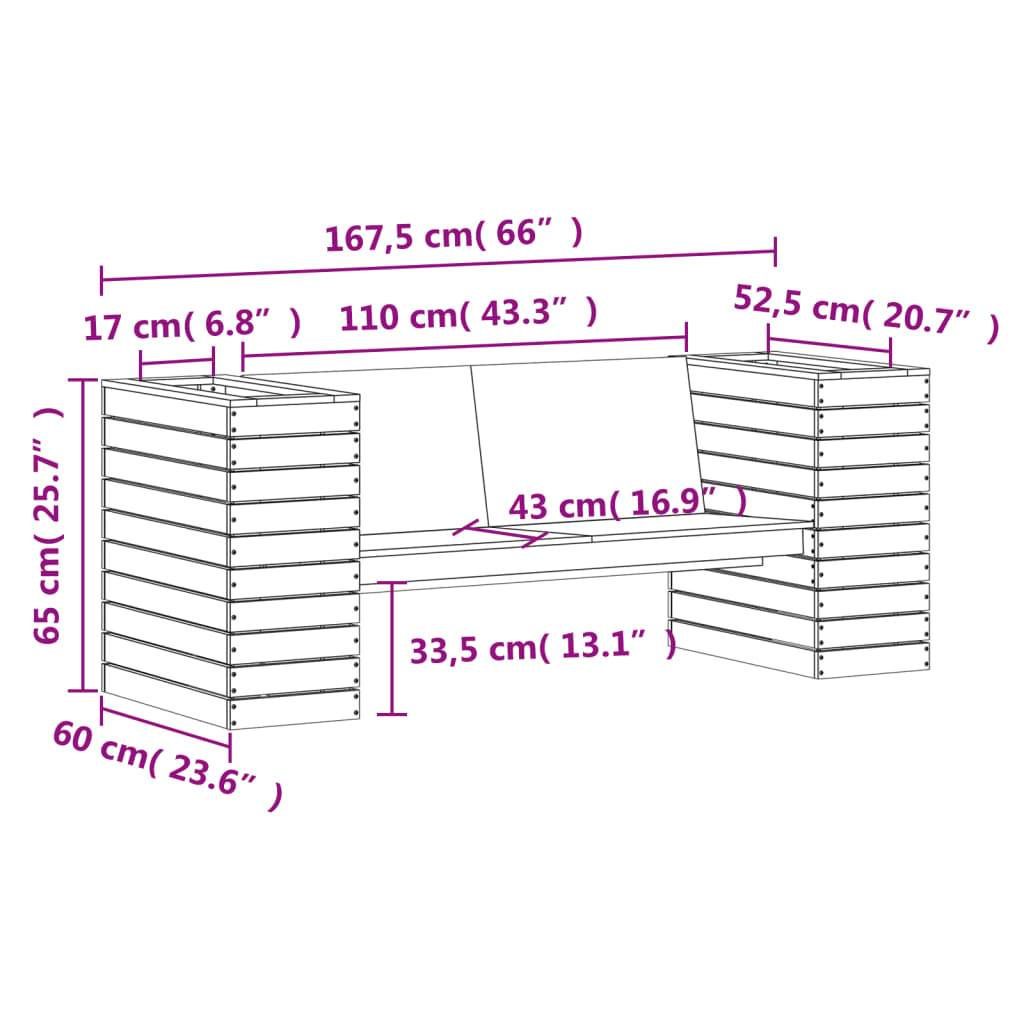 vidaXL sols ar puķu kastēm, 167,5x60x65 cm, priedes masīvkoks